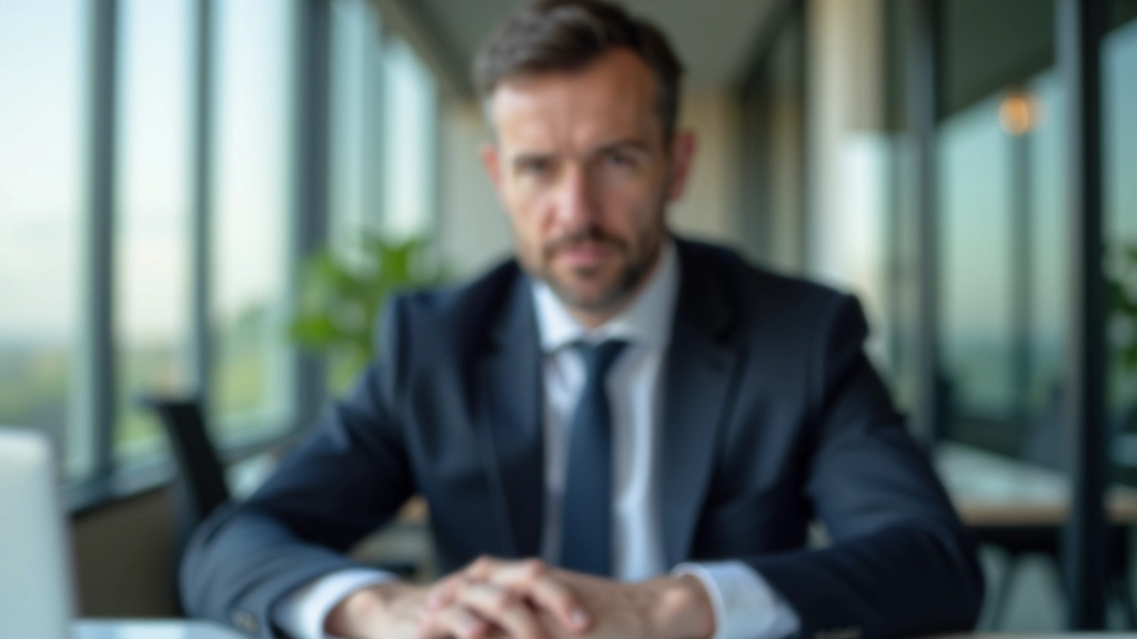 Homem em traje corporativo em conversa profissional, postura aberta e relaxada, ambiente de escritório moderno com vidros, expressão focada e atenta
