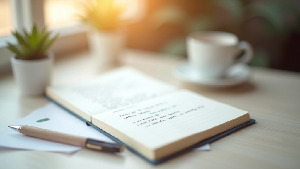 Notebook com anotações de técnicas de comunicação, caneta e xícara de café em mesa de trabalho limpa