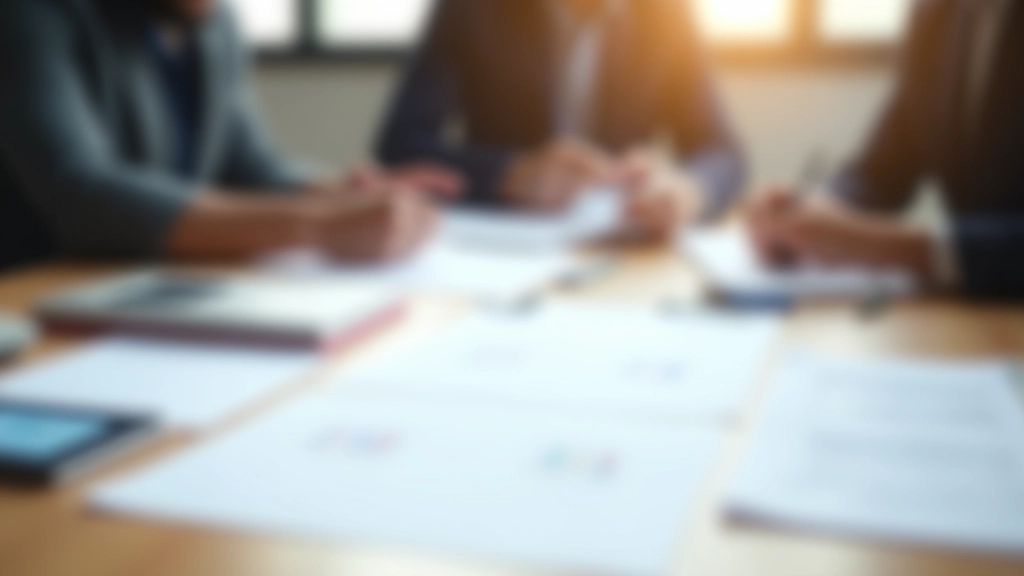 Equipa em ambiente colaborativo com documentos espalhados na mesa de reunião