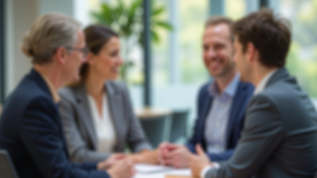 Duas pessoas em conversa calma, uma sentada com linguagem corporal aberta e relaxada, ambiente corporativo bem iluminado